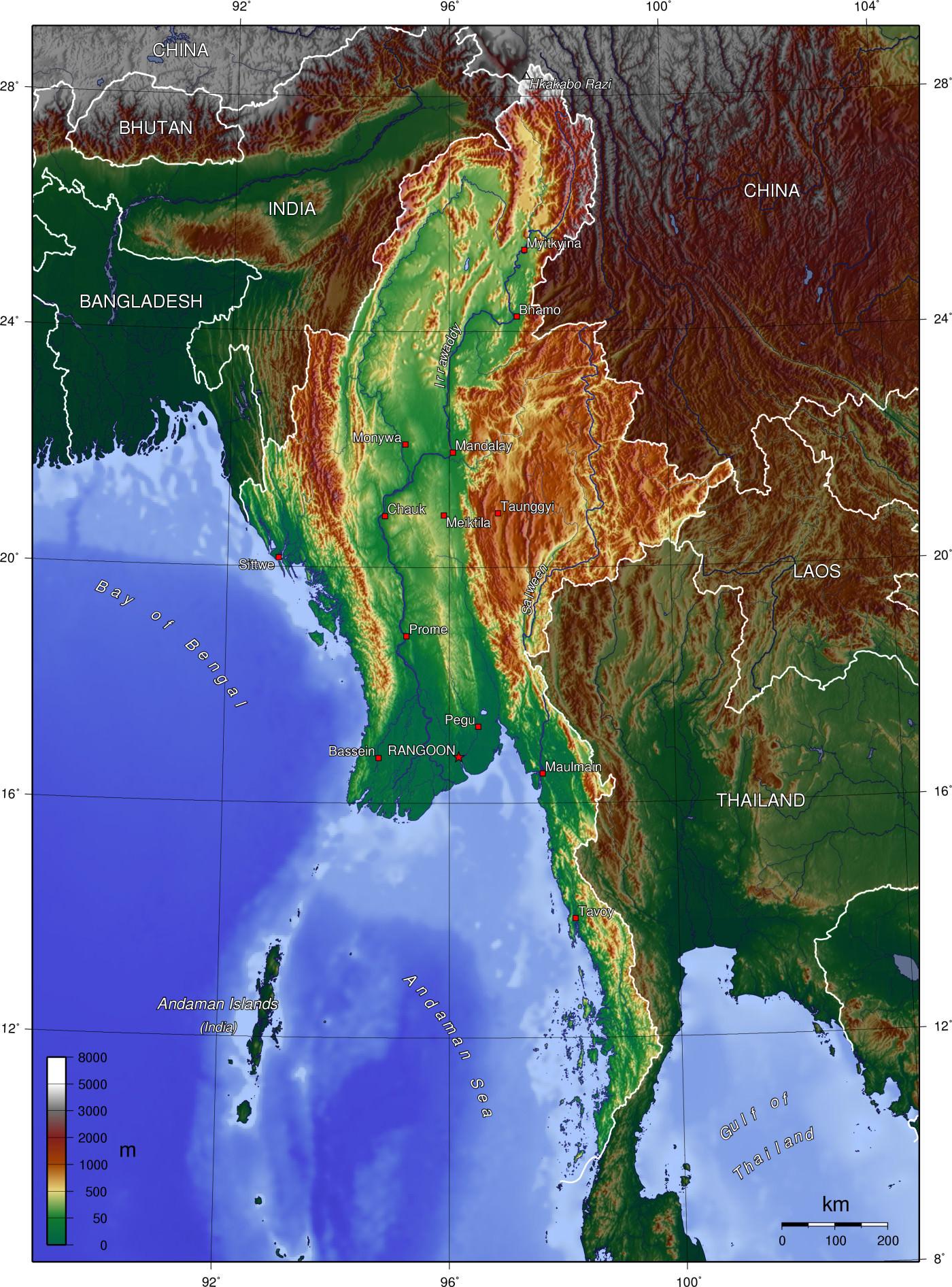 ミャンマーの地形図 地図のミャンマー地形 東南アジア アジア